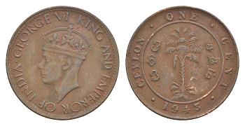 Цейлон 1 цент 1943 Георг VI (1936-1952) KM 111a бронза 4649-234