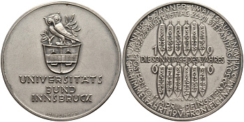 Австрия медаль 1966 серия университет Инсбрука, открытия 1966 года, медальер Kolblinger, диаметр 40 мм., серебрение бронза 4552-234