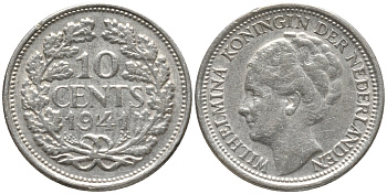 Нидерланды 10 центов 1941 Вильгельмина I (1890-1948) КМ 163 серебро 4387-912