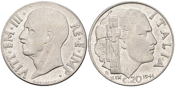 ИТАЛИЯ 20 ЧЕНТЕЗИМО 1941 R, ГОД XIX, ВИКТОР ЭММАНУИЛ III (1900-1946) KM 75b, VEM3. 1028 нержавеющая сталь 3853-821