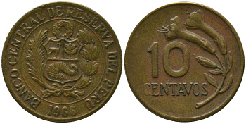 Перу 10 сентаво 1966 KM 245.1 латунь 4532-157
