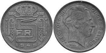 БЕЛЬГИЯ 5 ФРАНКОВ 1945 BELGES, ГЕРМАНСКАЯ ОККУПАЦИЯ, ВТОРАЯ МИРОВАЯ ВОЙНА KM 129.1 цинк 94-113