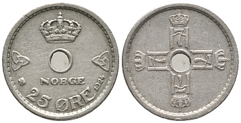 НОРВЕГИЯ 25 ЭРЕ 1924 ХОКОН VII (1905-1957) KM 384 медно-никель 100-1158