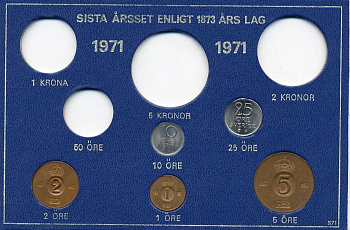 Швеция 1, 2, 5, 10, 25 эре 1971 Густав VI Адольф (1950-1973) в картоне набора монетного двора UNC 7-5-7-257