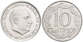 Испания 10 сентимо 1959 Франсиско Франко (1939-1975) KM 790 алюминий 4549-233