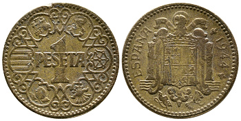 ИСПАНИЯ 1 ПЕСЕТА 1944 НАЦИОНАЛЬНОЕ ПРАВИТЕЛЬСТВО (1939-1947) KM 767 алюминиевая бронза 4385-1056