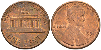 США 1 ЦЕНТ 1991 D, ЛИНКОЛЬН KM 201b цинк плакированный медью 188-239