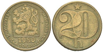 Чехословакия 20 геллеров 1980 KM 74 латунь 192-567