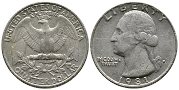 США 25 ЦЕНТОВ = КВОТЕР 1981 Р, ВАШИНГТОН KM А164а медь плакированная медно-никелем 4364-2225