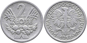 Польша 2 злотых 1958 MW KM 46, Parchimowicz 216a алюминий 111-214