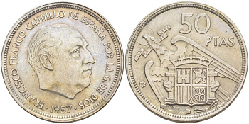 ИСПАНИЯ 50 ПЕСЕТ 1957 (58) ФРАНСИСКО ФРАНКО ДИКТАТОР ИСПАНИИ (1939-1975) KM 788 медно-никель 4521-1034
