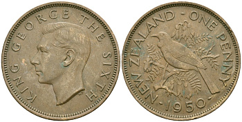 Новая Зеландия 1 пенни 1950 Георг VI (1936-1952), новозеландский туи KM 21 бронза 4536-244