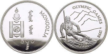 Монголия 500 тугриков 1998 XVIII зимние Олимпийские игры 1998 года в Нагано, слалом KM 155 серебро PROOF 1080-1-22