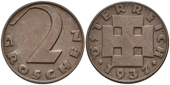 Австрия 2 гроша 1937 KM 2837 бронза 4596-529