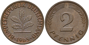 ФРГ 2 пфеннига 1965 J J.381  KM 106 бронза    4598-739