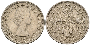 Великобритания 6 пенсов 1958 Елизавета II (1952-2022) KM 903, Spink 4149 медно-никель 4596-1041