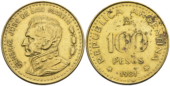 Аргентина 100 песо 1981 Ba, генерал Хосе де Сан Мартин KM 85a, Schon 86a сталь плакированная латунью    60-555