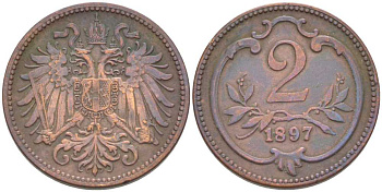 АВСТРИЯ 2 ГЕЛЛЕРА 1897 ФРАНЦ ИОСИФ (1846-1918) KM 2801 бронза 4392-213