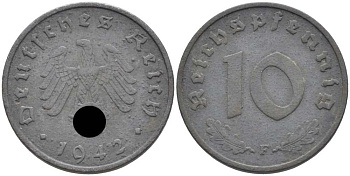 ГЕРМАНИЯ 10 РЕЙХСПФЕННИГОВ 1942 F KM 101, J. 371 цинк 4401-711