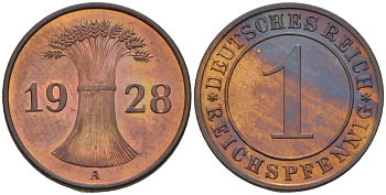 Германия 1 рейхспфенниг 1928 A J 313, KM 37 бронза  PROOF  11-227-16