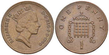 Великобритания 1 пенни 1990 Елизавета II (1952-2022) KM 935, Spink 4381 (B3) бронза 4609-526
