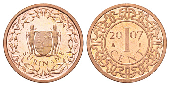 Суринам 1 цент 2007 тираж 1000 экземпляров KM 11b сталь плакированная медью BU 4625-263