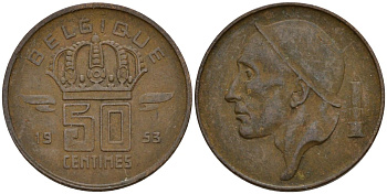 Бельгия 50 сантимов 1953 Belgique KM 144 бронза 4152-423