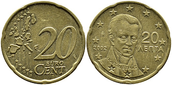 ГРЕЦИЯ 20 ЕВРОЦЕНТОВ 2002 KM 185 латунь 4390-1151