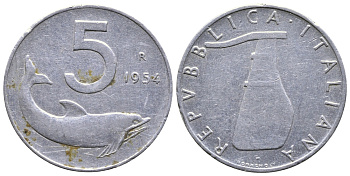 ИТАЛИЯ 5 ЛИР 1954 R, РУЛЬ, ДЕЛЬФИН KM 92 алюминий 4364-3155