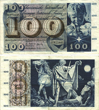 Швейцария 100 франков 1967 1 января 1967, серия 55 W, подпись 43 Pick 49 i бумага 8606-25-2-2