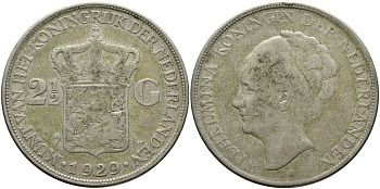 Нидерланды 2 1/2 гульдена 1929 Вильгельмина I (1890-1948), редкий год KM 165 серебро 441-1631
