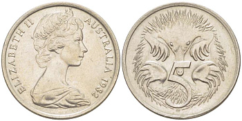 АВСТРАЛИЯ 5 ЦЕНТОВ 1982 ЕЛИЗАВЕТА II (1952-) МОЛОДОЙ ПОРТРЕТ, ЕХИДНА KM 64 медно-никель 4516-664