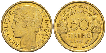 ФРАНЦИЯ 50 САНТИМОВ 1941 ТИП MORLON KM 894.1, LE FRANC 192.18 алюминиевая бронза 44-625