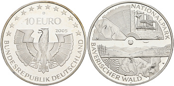ФРГ 10 евро 2005 D, национальный парк, баварский лес KM 241, DE.S. 10.19 серебро PROOF 1076-3-44