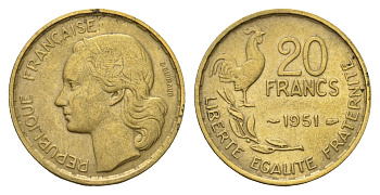 Франция 20 франков 1951 петух KM 917, Le Franc 402.8 алюминиевая бронза 3856-546