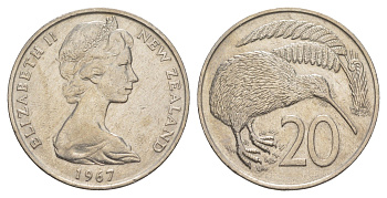 Новая Зеландия 20 центов 1967 Елизавета II (1952-2022), птичка киви KM 36 медно-никель 93-516