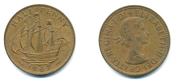 Великобритания 1/2 пенни 1967 Елизавета II (1952-2022) KM 896, Spink 4158 бронза 4383-331