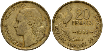 Франция 20 франков 1953 B, Петух KM 917.1 алюминиевая бронза 4159-945