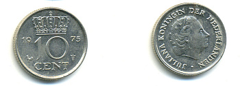 НИДЕРЛАНДЫ 10 ЦЕНТОВ 1975 ЮЛИАНА KM 182 никель 83-965