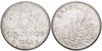 БРАЗИЛИЯ 5 КРУЗЕЙРО 1982 РЕФОРМА 1967-1985, КОФЕ KM 591 нержавеющая сталь 51-2522