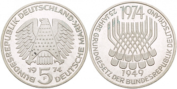 ФРГ 5 марок 1974 F, 25 лет со дня принятия конституции ФРГ KM 138, J.413 серебро UNC 4545-1123