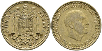 ИСПАНИЯ 1 ПЕСЕТА 1966 (67) ФРАНСИСКО ФРАНКО ДИКТАТОР ИСПАНИИ (1939-1975) KM 796 алюминиевая бронза 110-1223
