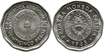 Аргентина 25 песо 1965 первая монета отчеканенная в Аргентине в 1813 году KM 61 сталь плакированная никелем 4525-956