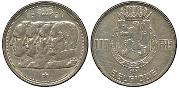 Бельгия 100 франков 1950 Belgique, королевская династия KM 138.1 серебро 1530-324