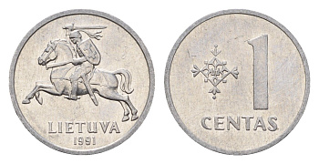 Литва 1 цент (сент) 1991 KM 85 алюминий 201-533