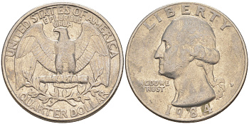 США 25 центов (квотер) 1984 P, Вашингтон KM A164a медь плакированная медно-никелем 4114-921