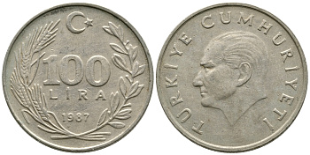 ТУРЦИЯ 100 ЛИР 1987 KM 967 медь никель цинк 29-111