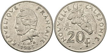 Французская Новая Каледония 20 франков 1983 три быка, (IEOM) KM 12, Schoen 14, Lec 111 никель 4680-223