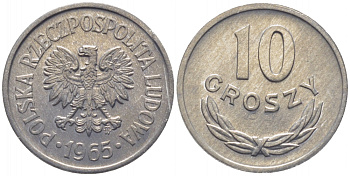 ПОЛЬША 10 ГРОШЕЙ 1965 MW KM АА47 алюминий UNC 112-456