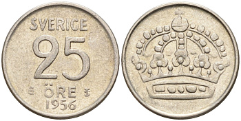 Швеция 25 эре 1956 TS, Густав VI Адольф (1950-1973) KM 824 серебро 4147-1047